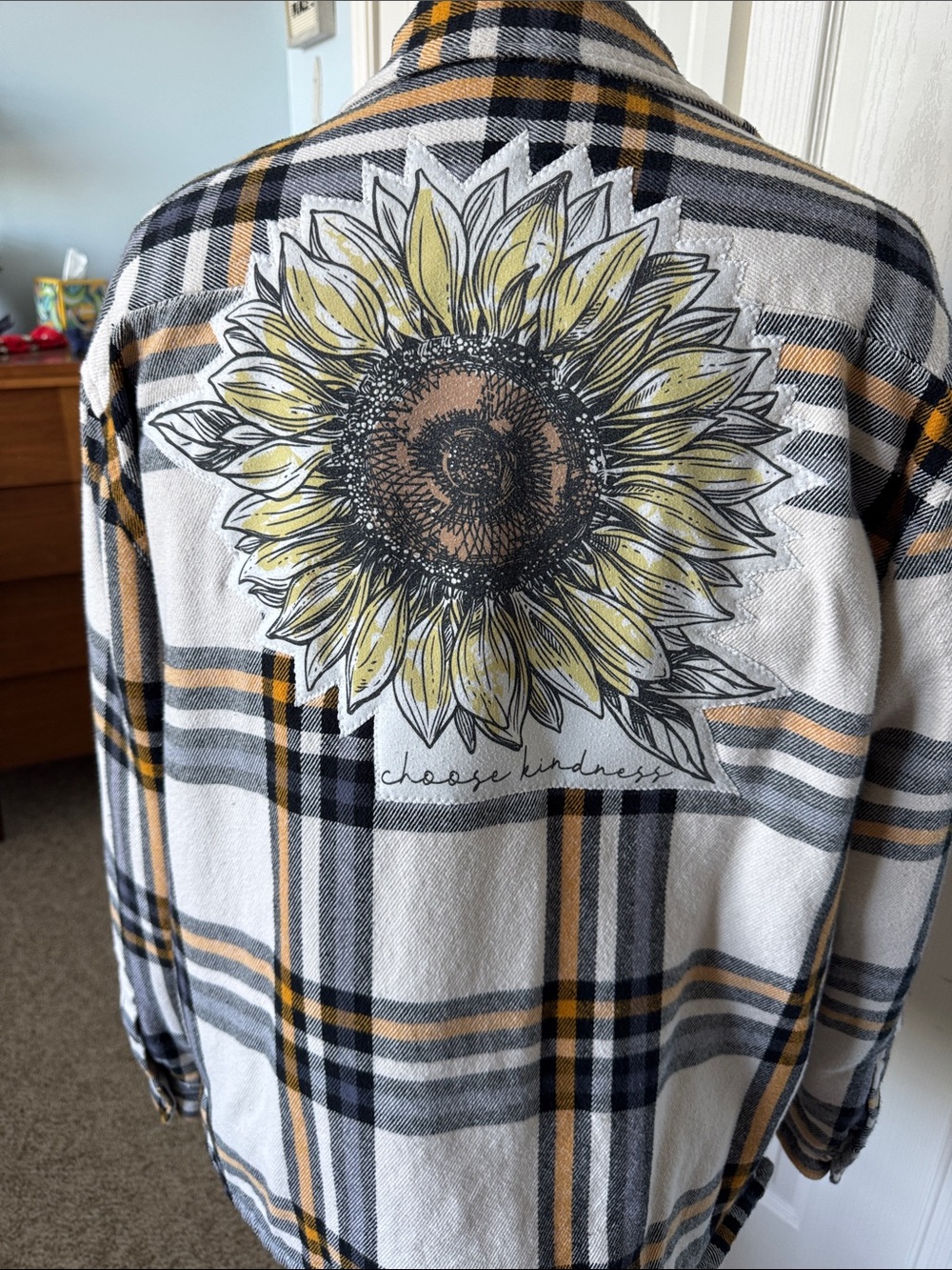 Upcycked Cream Plaid Snap-Front Shirt Jacket with Sunflower
